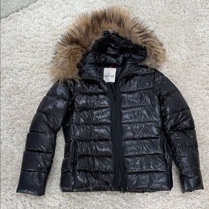 Moncler Maya Black Puffer Jacket with Faux Fur Trim
